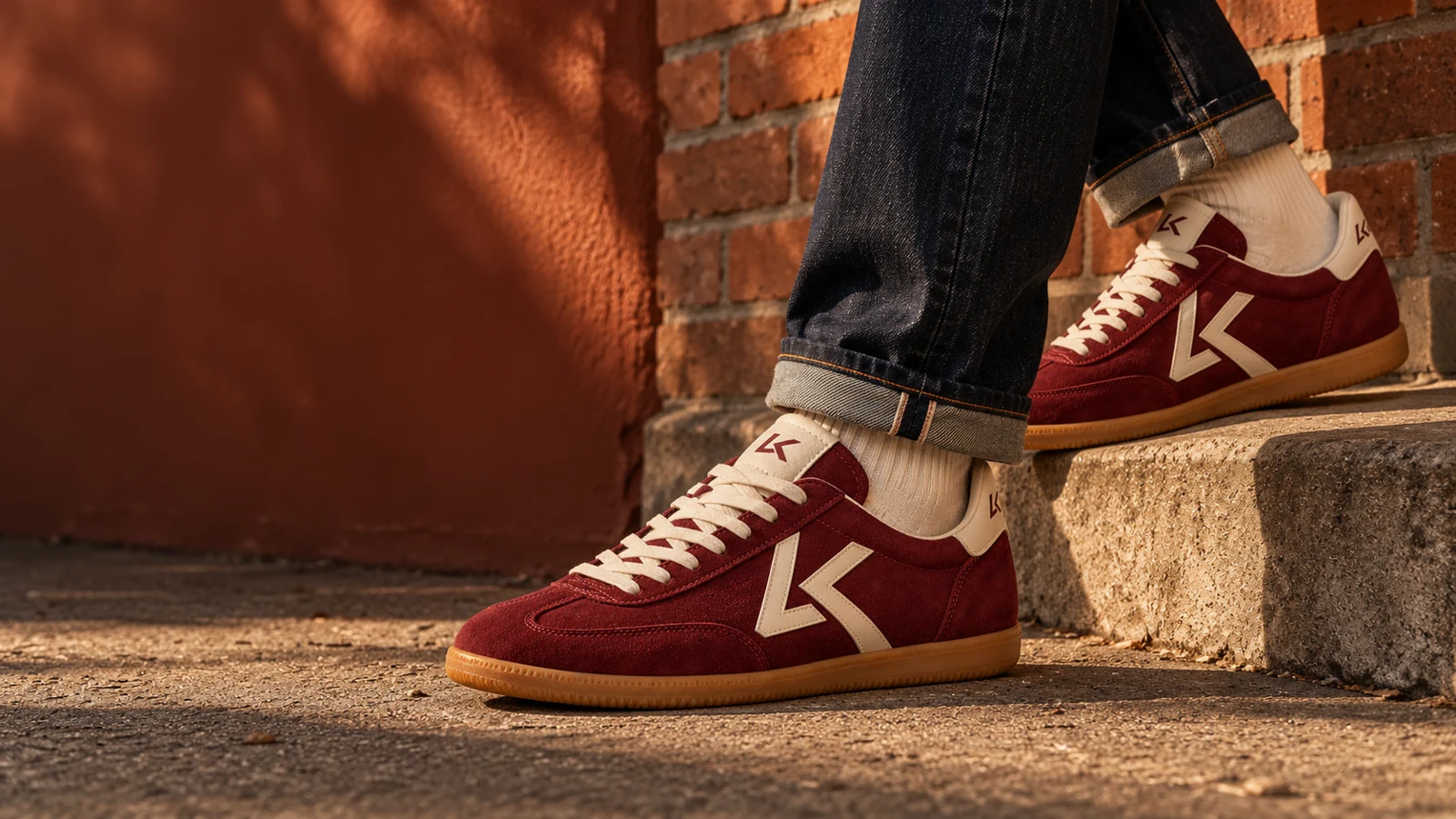 Original burgundy LOW-KEY LK-009 sneakers worn with relaxed jeans on a city step