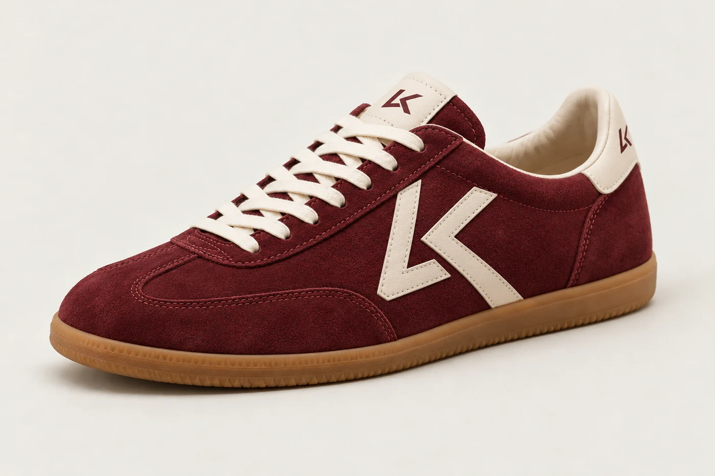 Burgundy suede LK-009 lifestyle sneaker with bone leather LK branding and gum sole