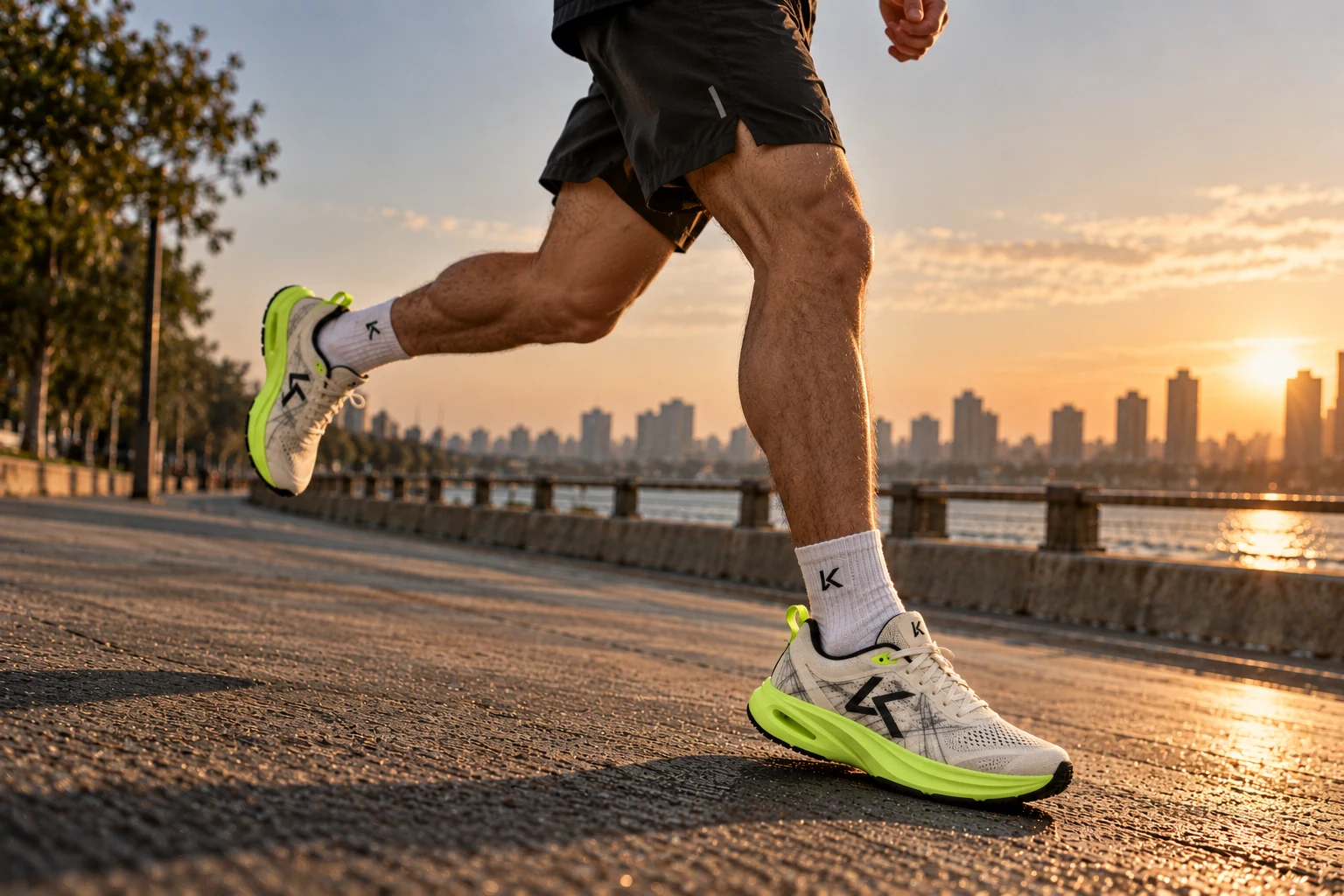 Runner wearing LOW-KEY LK-007 sneakers with acid-lime PEBA soles on a waterfront at golden hour